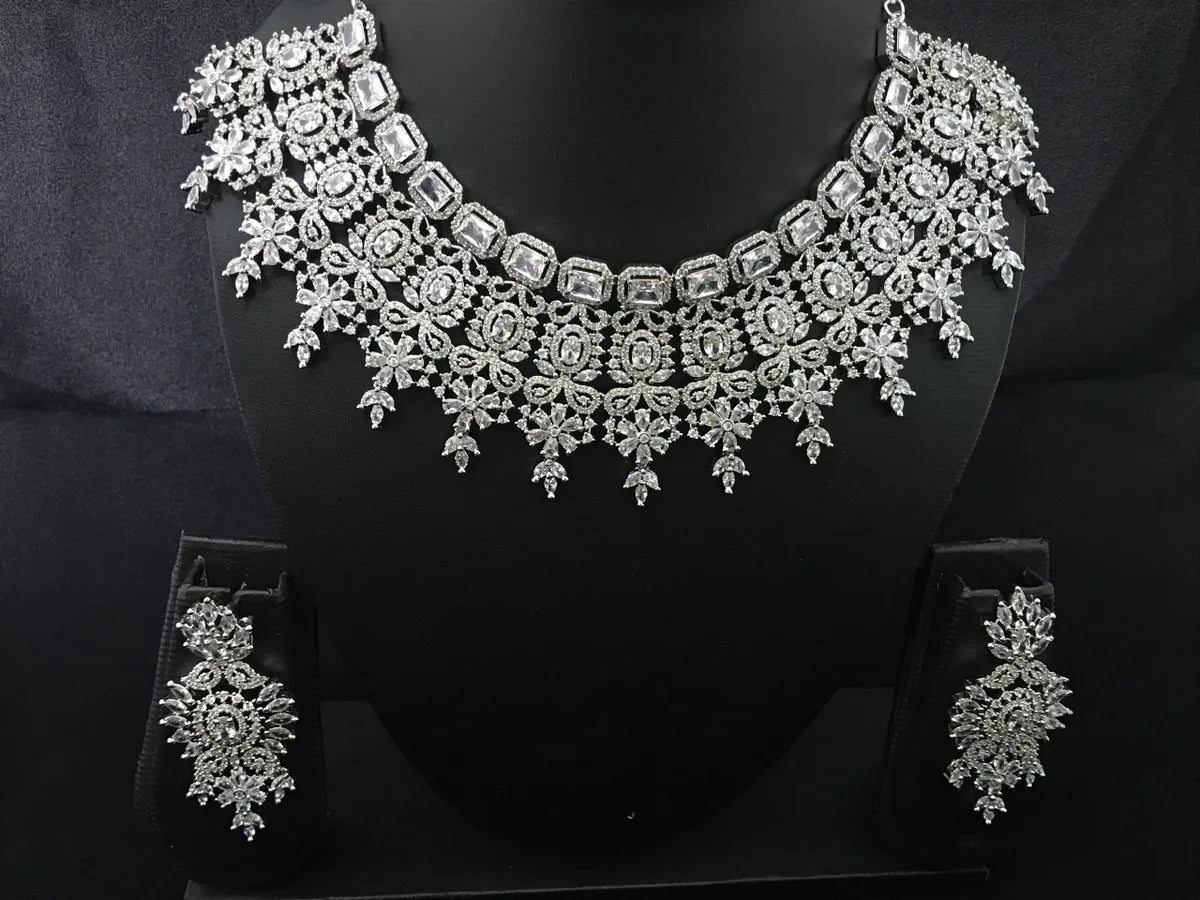 Beautiful necklaces and pendants with tree branch motifs for a nature-inspired design-American Diamond Cluster White Elegant Bridal Necklace With Earrings