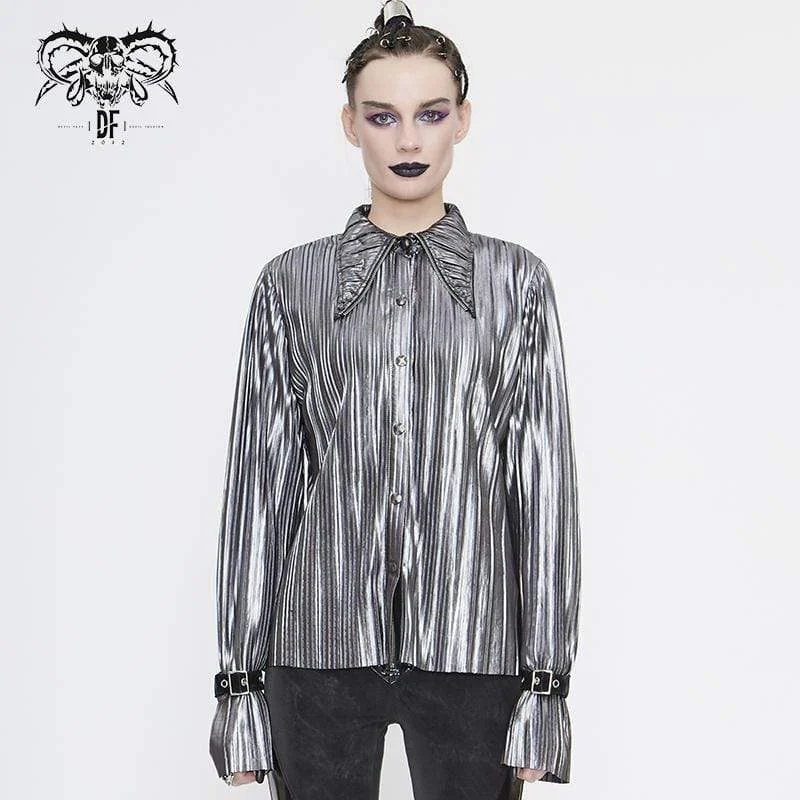 Patchwork T-Shirts for Unique Style -Women's Gothic Silver Shimmer Long Ruffle Sleeved Shirts