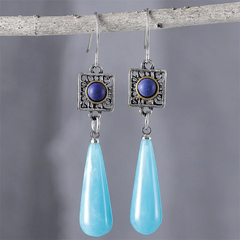 Gemstone Drop Earrings for Color -Wholesale Fashionable Ethnic Style Two-color Turquoise Inlaid Elegant High-end Long Drop Pendant Earrings