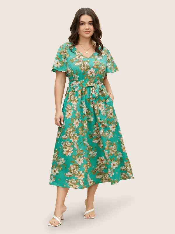 Plus size dresses with bold cuts make statements -V Neck Floral Belt Flutter Sleeve Dress