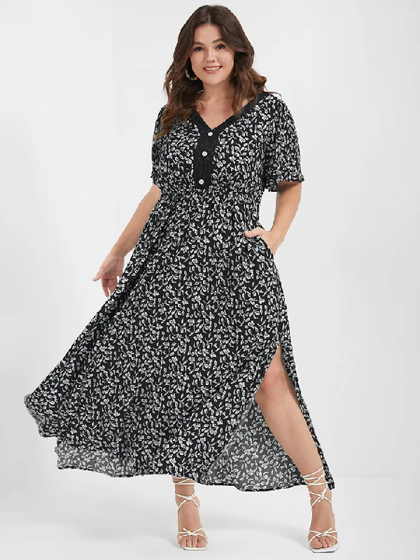 Plus size dresses with sleek fits elongate frames -Ditsy Floral Button Lace Pocket Split Ruffles Maxi Dress