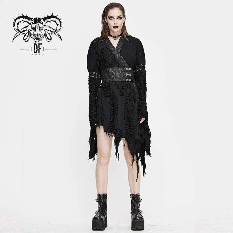 Business T-Shirts for Professional -Women's Gothic Ripped kimonos With Chinese Button Belt