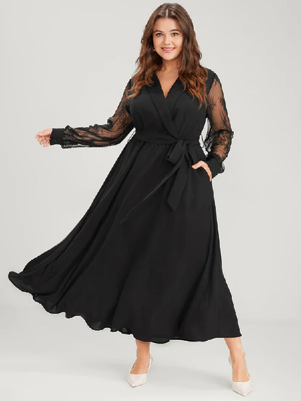 Plus size dresses with ruched details hide flaws -Solid Lace Lantern Sleeve Button Lapel Collar Belted Maxi Dress