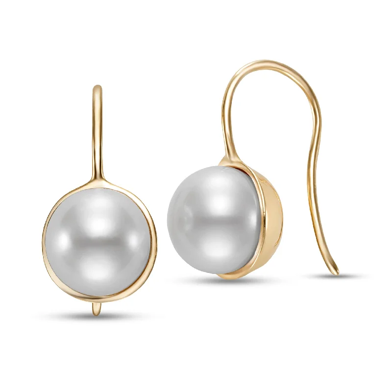 Drop Earrings for Wedding Ceremony -Freshwater Pearl Cupped 14K Yellow Gold Drop Earrings