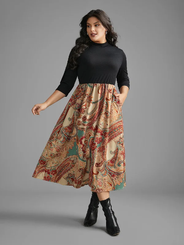 Plus size dresses for spring bloom with grace -Bandana Print Patchwork Elastic Waist Dress