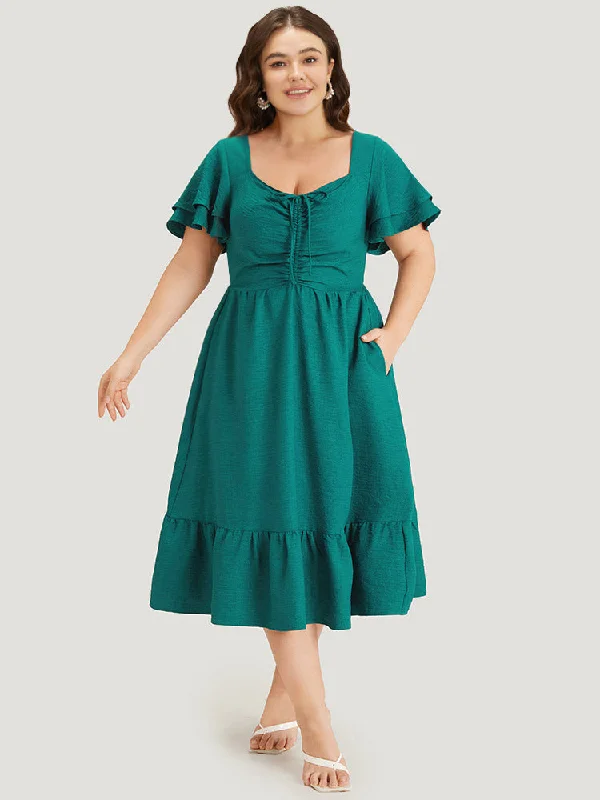 Plus size dresses for formal events look elegant -Solid Drawstring Pocket Ruffle Trim Layered Dress