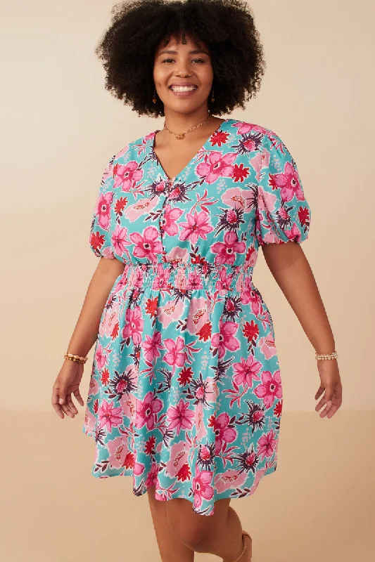 Plus size dresses with lightweight knits feel breezy -Womens Floral Print Smocked Waist Button Dress