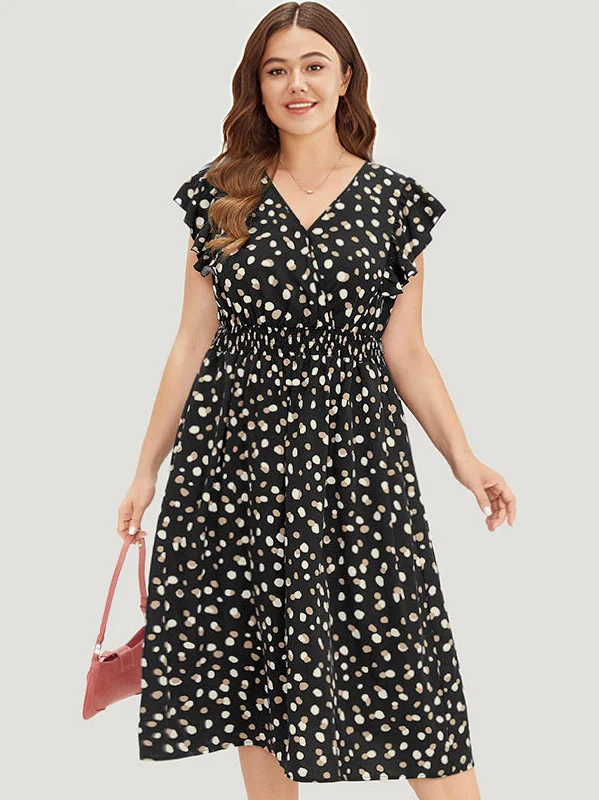 Plus size dresses for formal events look elegant -Allover Print Pocket Wrap Flutter Cap Sleeve Dress