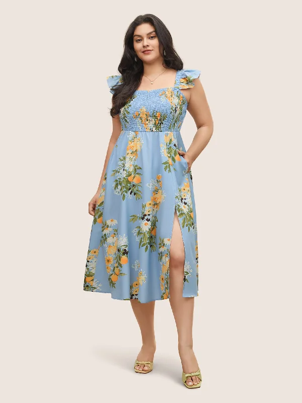 Plus size dresses with shiny threads reflect light -Citrus Oranges Print Shirred Ruffle Trim Split Hem Dress