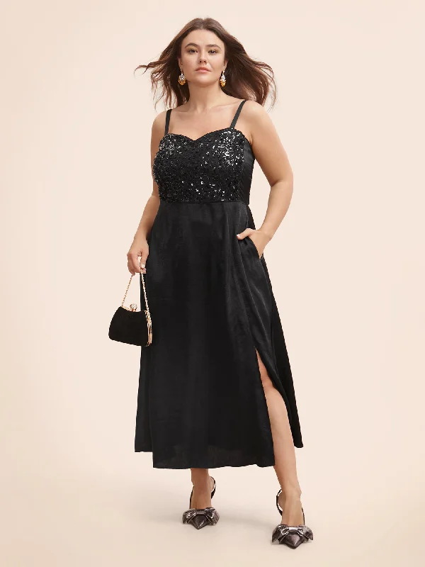 Plus size dresses featuring pleated skirts flow nicely -Sequin Patchwork Split Hem Cami Dress