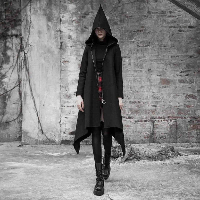 Branded T-Shirts for Quality Assurance -Women's Goth Irregular Witch Woolen Overcoat With Hood