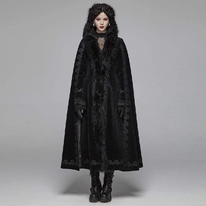 Gray T-Shirts for Subtle Style -Women's Goth Embroideried Woolen Maxi Coat With Fur Collar