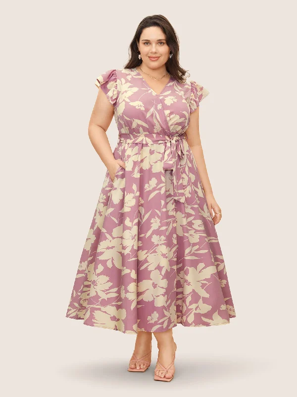 Plus size dresses with classic vibes never age -Silhouette Floral Print Wrap Ruffle Cap Sleeve Dress