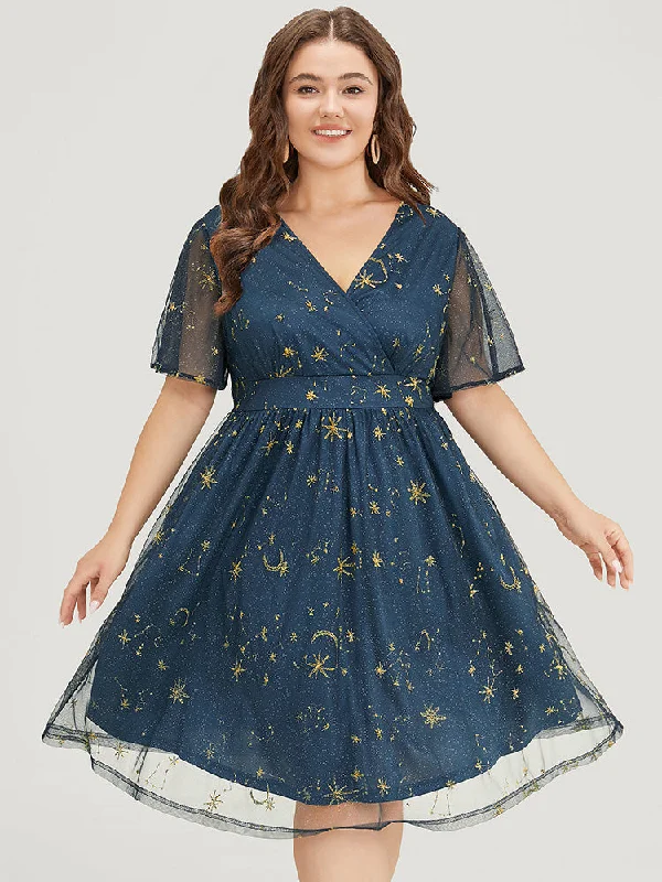 Plus size dresses with high necklines look refined -Star & Moon Embroidered Mesh Ruffle Sleeve Pocket Wrap Dress