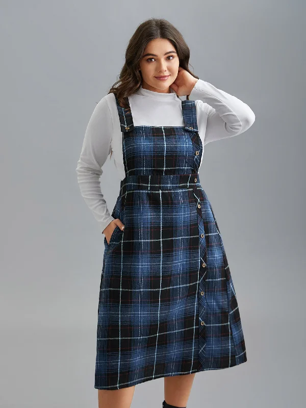 Plus size dresses with high necklines look refined -Plaid Pattern Overall Buttons Slit Midi Dress