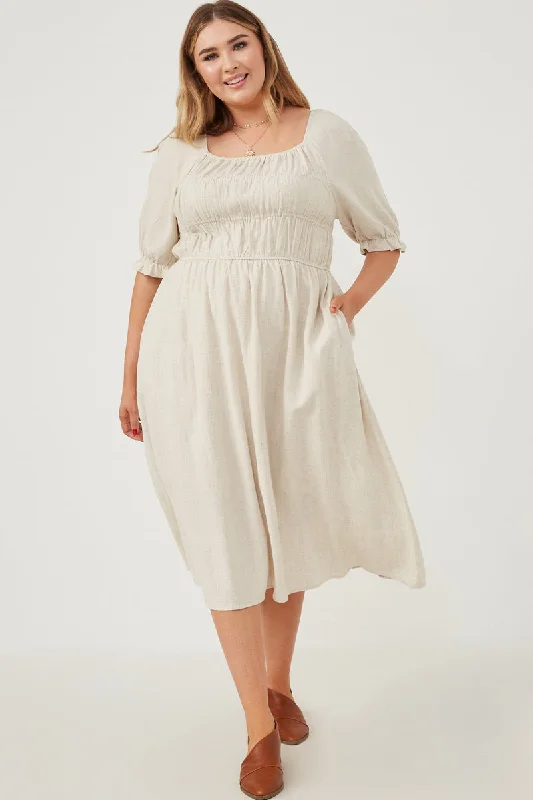 Plus size dresses with flexible fits adapt easily -Linen Blend Peasant Smocked Square Neck Dress