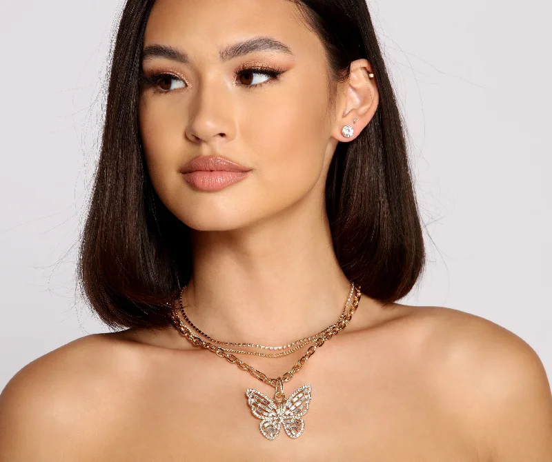 Necklaces and pendants with star-shaped designs for a whimsical, celestial touch-Triple Row Butterfly Rhinestone Necklace and Studs