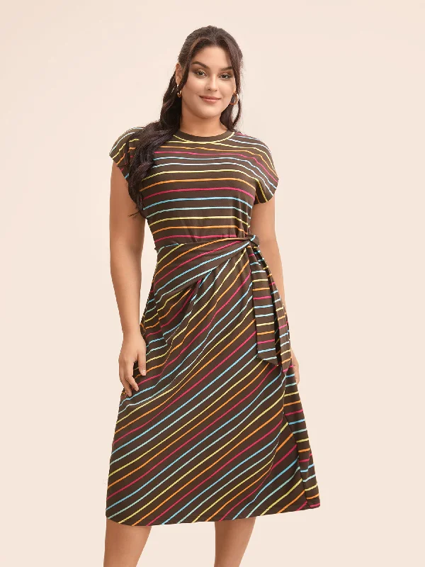 Plus size dresses with ruched details hide flaws -Colored Striped Tie Knot Cap Sleeve Dress