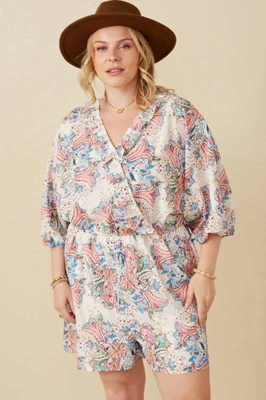 Plus size dresses with playful details add charm -Textured Paisley Floral Ruffled Surplice Romper