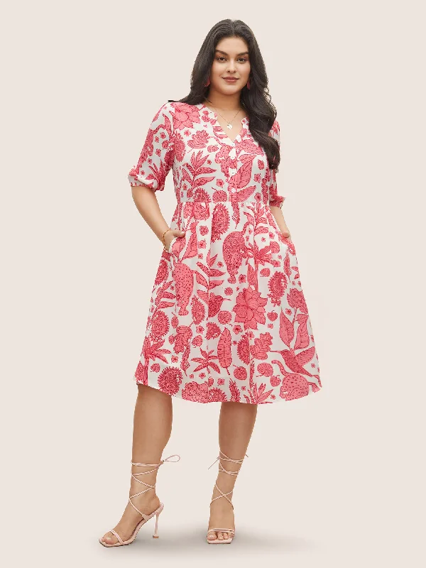 Plus size dresses with soft linings pamper skin -Plants & Animal Print Notched Lantern Sleeve Dress