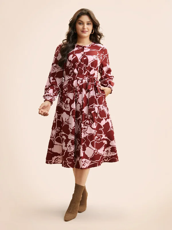 Plus size dresses with elastic waists stretch easily -Floral Button Up Belted Dress