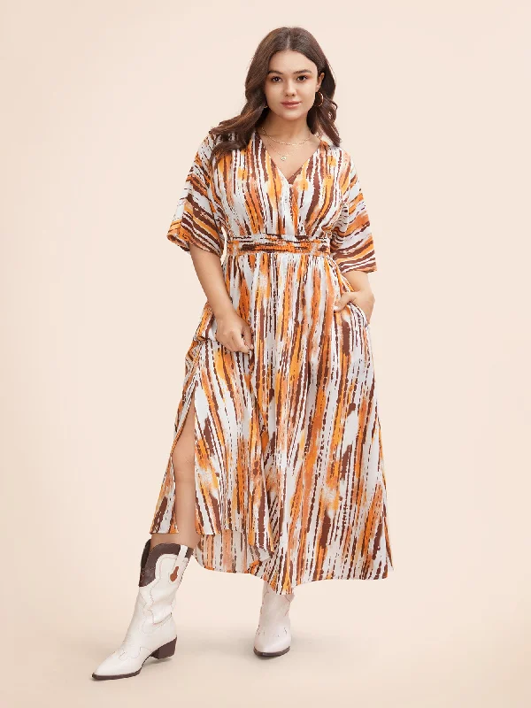 Plus size dresses with strong stitching last years -Striped Overlap Collar Shirred Maxi Dress