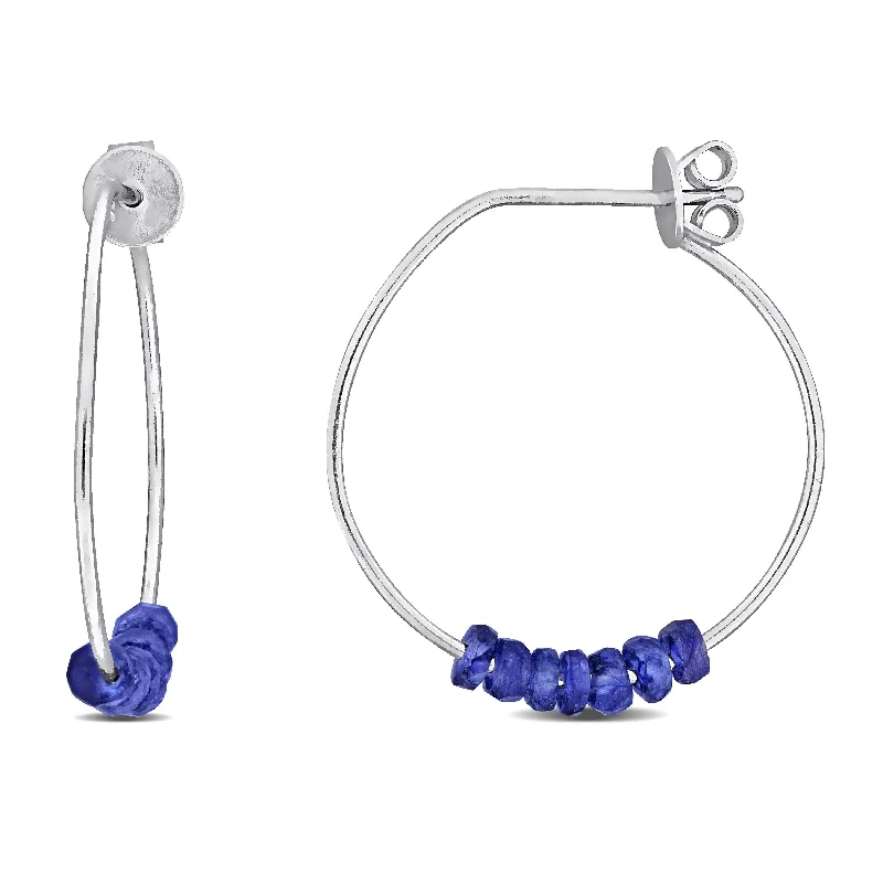 Drop Earrings with Textured Surface -Miadora Sterling Silver 3.5-4mm Blue Sapphire Bead 1.00ct tgw Hoop Earrings