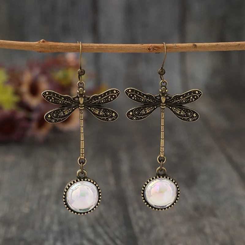 Drop Earrings with Enamel Coating -Wholesale Retro Dragonfly Stitching Colored Stone Bohemian Style Long Alloy Earrings