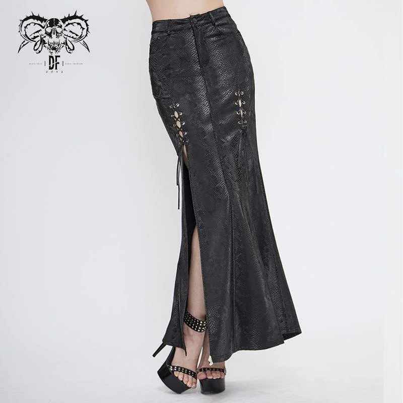 Business T-Shirts for Professional -Women's Gothic Black Snakeskin Side Slits Maxi Skirts