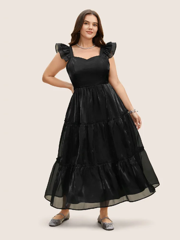 Plus size dresses with short sleeves suit spring -Organza Heart Neckline Ruffle Trim Maxi Dress