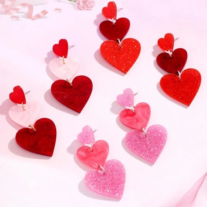 Drop Earrings for Wellness Routine -Wholesale 10pcs Sweet Style Valentine's Day Heart Love Glitter Earrings Acrylic Color Love Heart Earrings