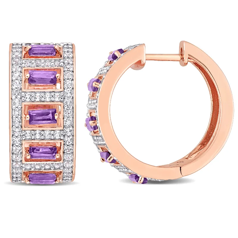 Rhinestone Drop Earrings for Sparkle -Miadora Baguette African Amethyst and White Topaz Hoop Earrings in Rose Plated Sterling Silver