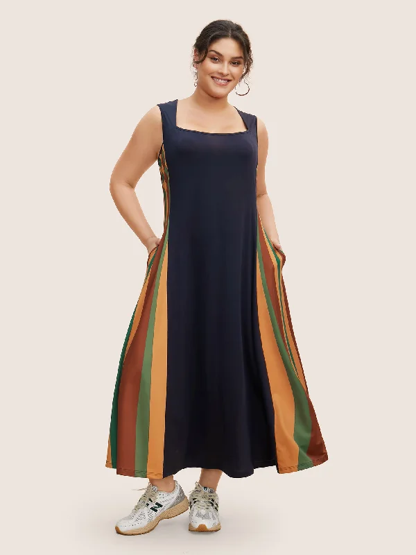 Plus size dresses with lightweight materials feel easy -Square Neck Patchwork Striped Maxi Dress