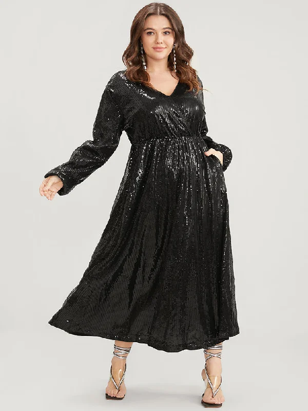 Plus size dresses featuring ombre effects look artsy -Solid Lantern Sleeve Pocket Wrap Sequin Maxi Dress