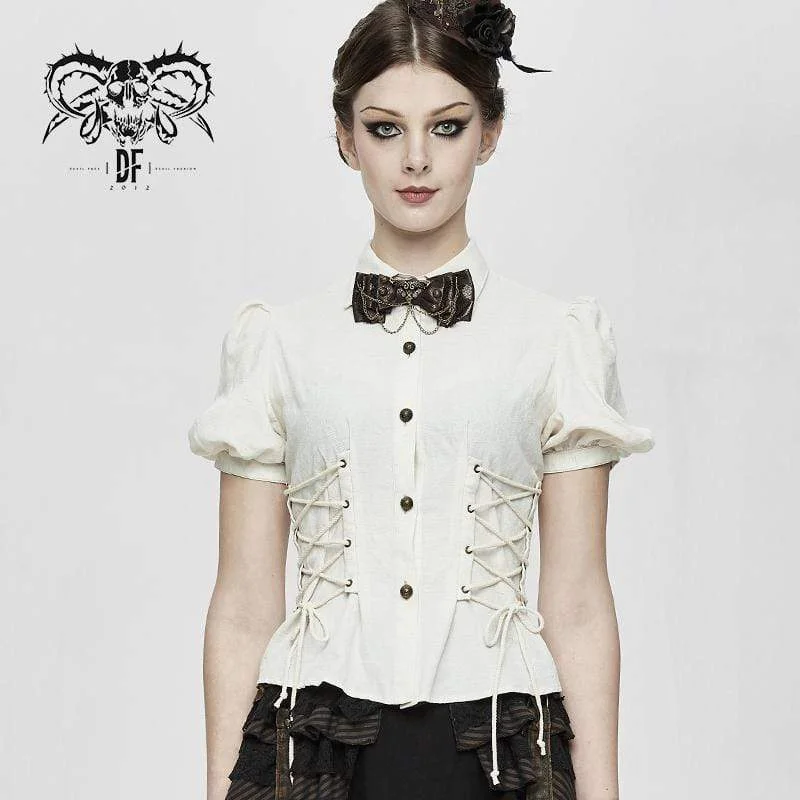 Fan T-Shirts for Supportive -Women's Vintage Lentern Sleeve Lace-up Ivory Shirts