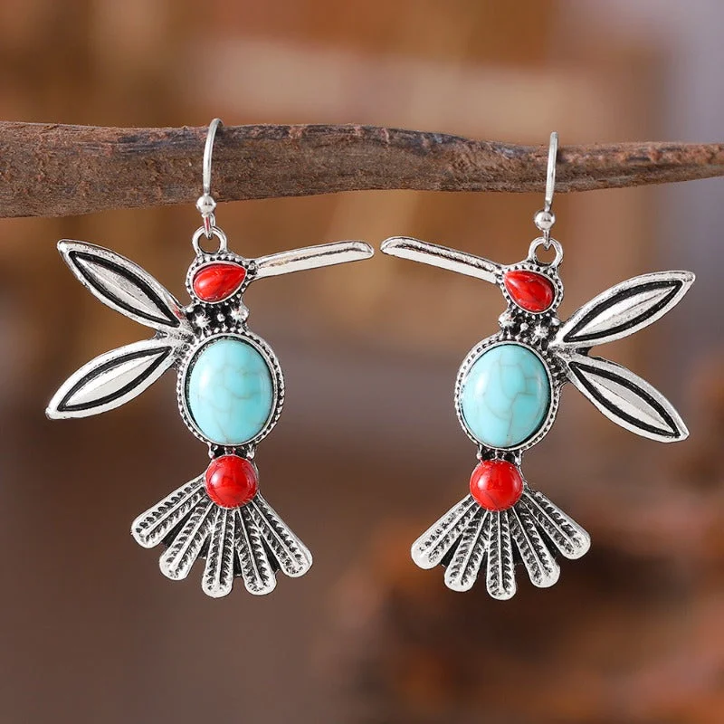 Drop Earrings for Engagement Party -Wholesale Retro Fashion Inlaid Turquoise Bird Pendant Personality Niche Simple Versatile Earrings