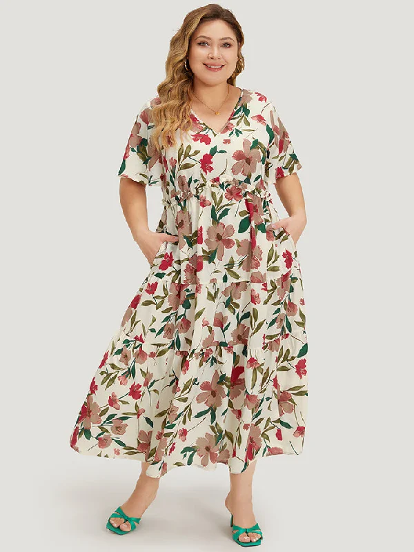 Plus size dresses for elegant dinners glow softly -Floral Print Pocket Frill Trim Ruffle Layered Hem Dress