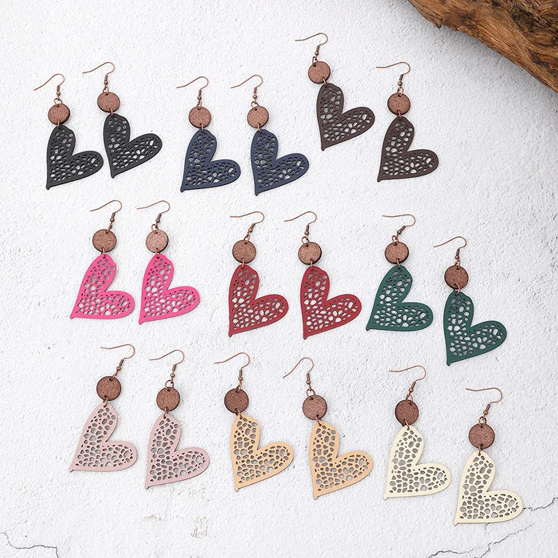 Retro Drop Earrings for Nostalgia -Wholesale Fashion Valentine's Day Heart Wood Hollow Mesh Leather Earrings