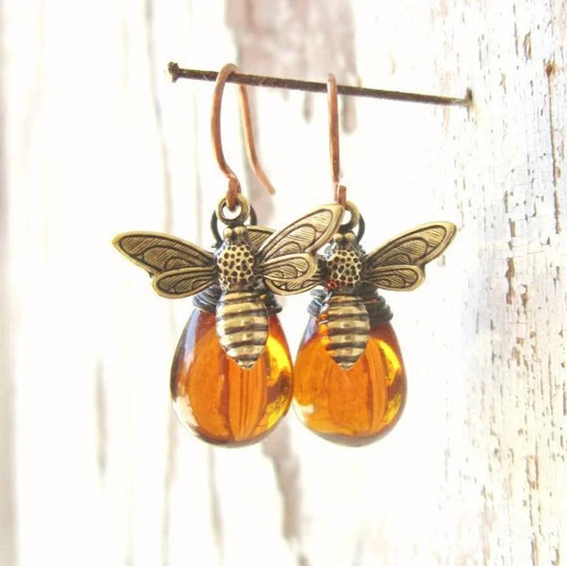 Drop Earrings for Shopping Trip -Wholesale retro small bee water drop earrings popular water drop Amber exaggerated earrings jewelry