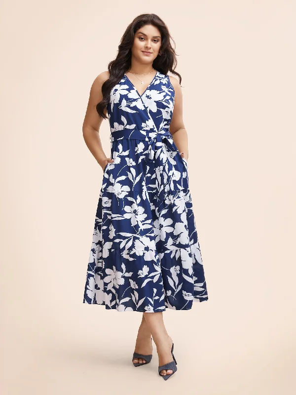 Plus size dresses with timeless cuts suit all -Silhouette Floral Print Wrap Sleeveless Dress