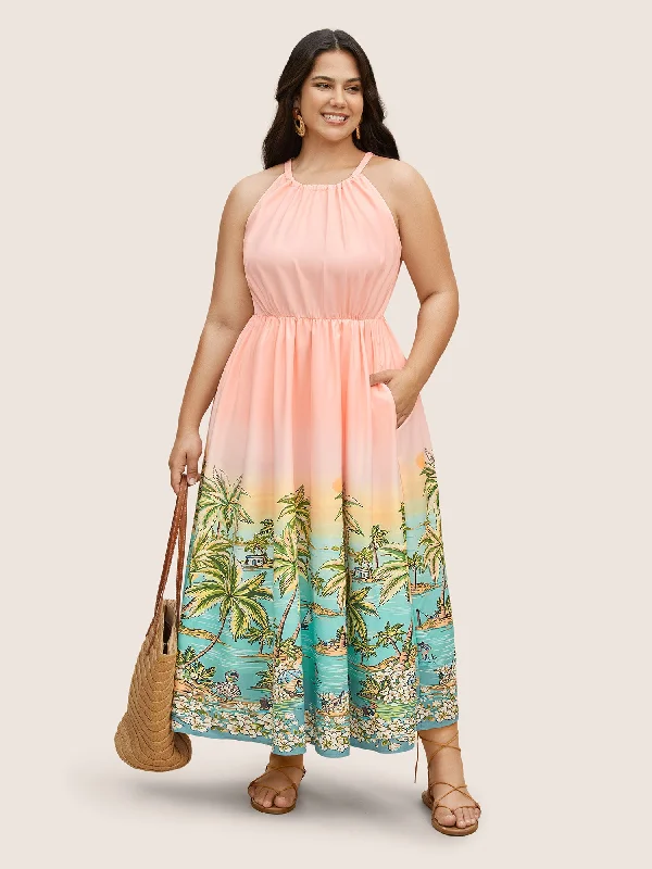 Plus size dresses for festive events shine loud -Halter Neck Tropical Print Gathered Pocket Dress