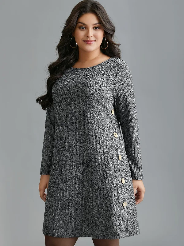 Plus size dresses for autumn days feel cozy -Crew Neck HeatherRibbed Knit Dress