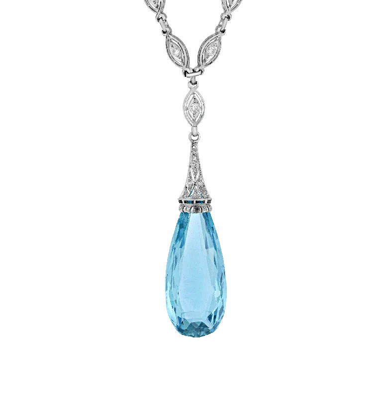 Personalized necklaces and pendants with coordinates for a meaningful location-based gift-Art Deco Briolette Cut Aquamarine Pendant, 40.00 carats