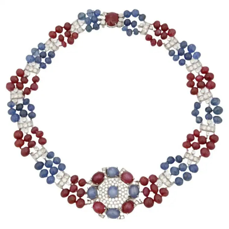 Necklaces and pendants with sun and moon motifs for a celestial-inspired design-Retro Sapphire, Ruby and Diamond Necklace Platinum Circa 1950's