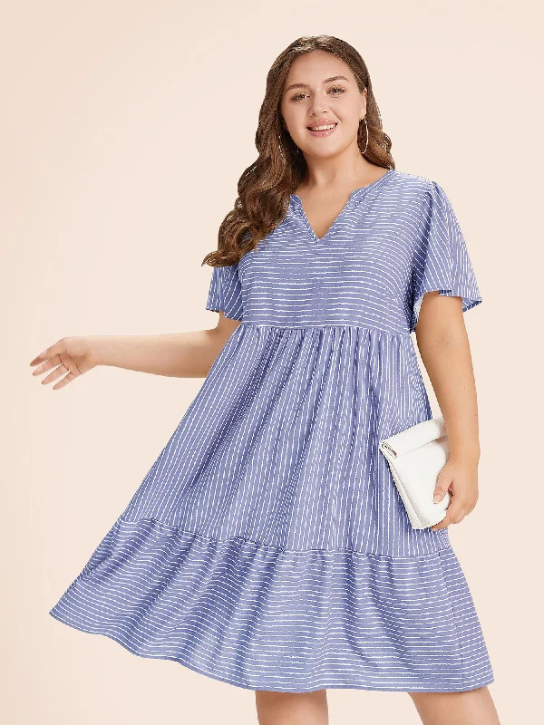 Plus size dresses featuring neutral tones pair easily -Striped Patchwork Notched Flutter Layered Babydoll Dress