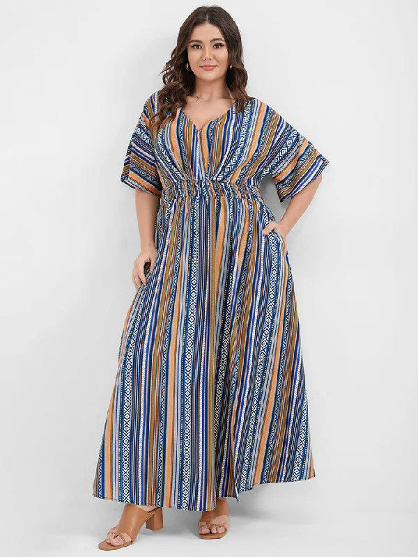 Plus size dresses for winter layer warmly -Bandana Split Dolman Sleeve Pocket Maxi Dress