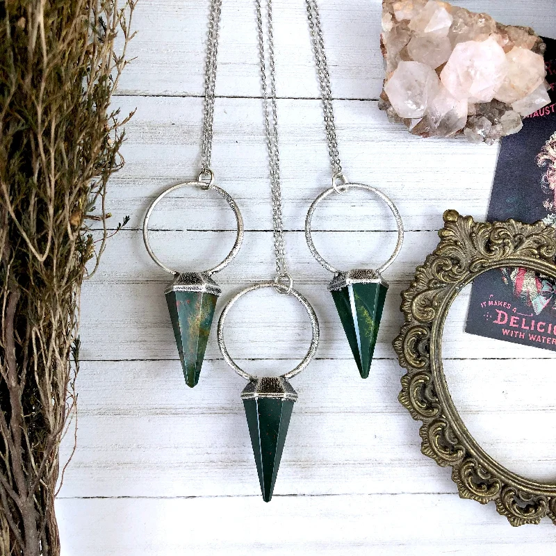 Necklaces and pendants with geometric pendants for a clean, contemporary design-Silver Crystal Pendulum Necklace / Bloodstone Necklace in Silver