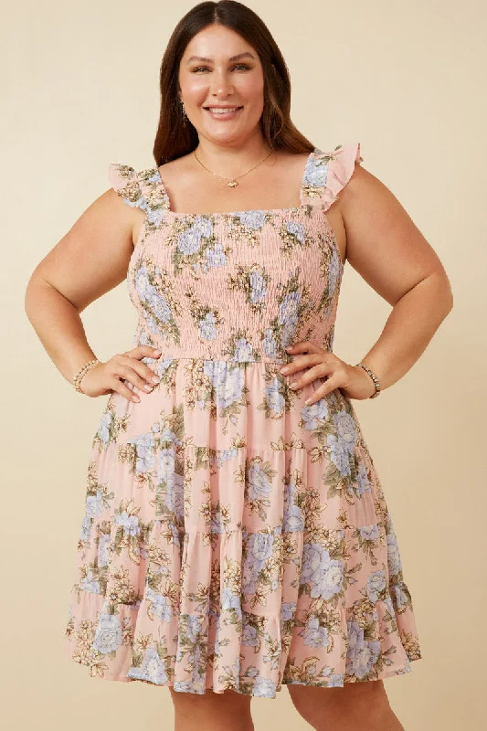 Plus size dresses with comfy fits ease days -Smocked Detail Ruffled Strap Floral Print Dress