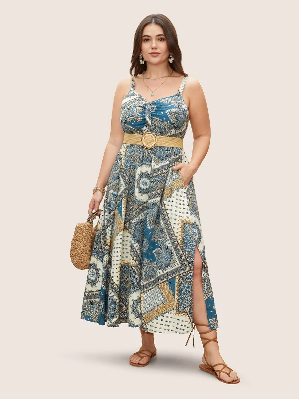 Plus size dresses featuring chiffon layers feel airy -Bandana Print Ruched Split Hem Cami Dress