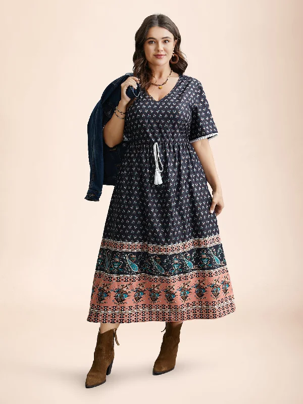 Plus size dresses with scalloped hems feel delicate -Boho Print Tassel-Tie Pockets Midi Dress